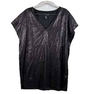 Isabel Lu Black Sequin Blouse Large Silk Blend V Neck Party Whimsigoth Neutral